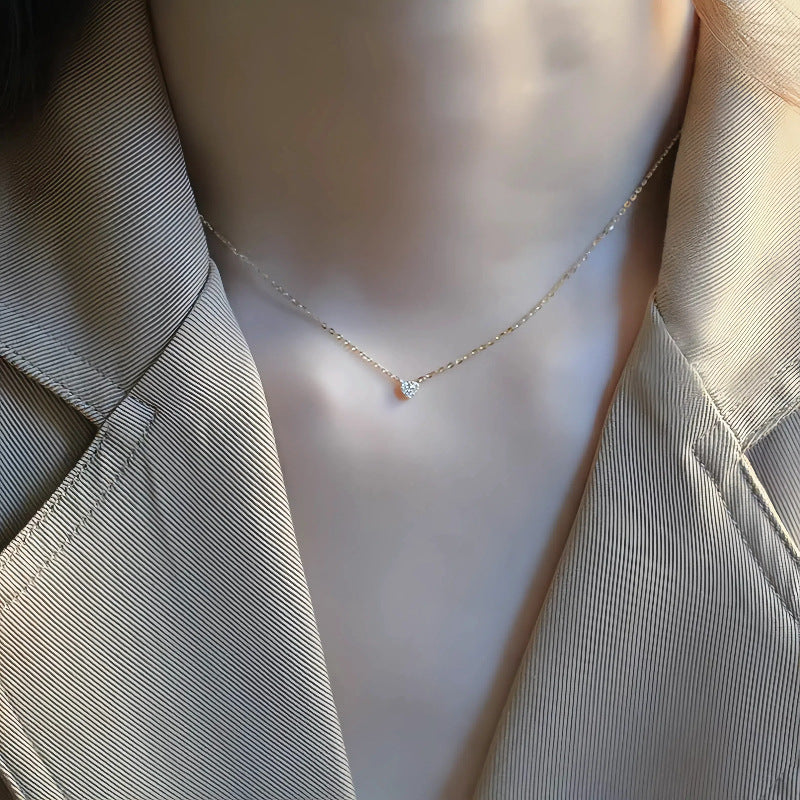 S925 pure silver plated with 14K gold mini heart necklace women's diamond studded peach heart extremely fine collarbone chain 