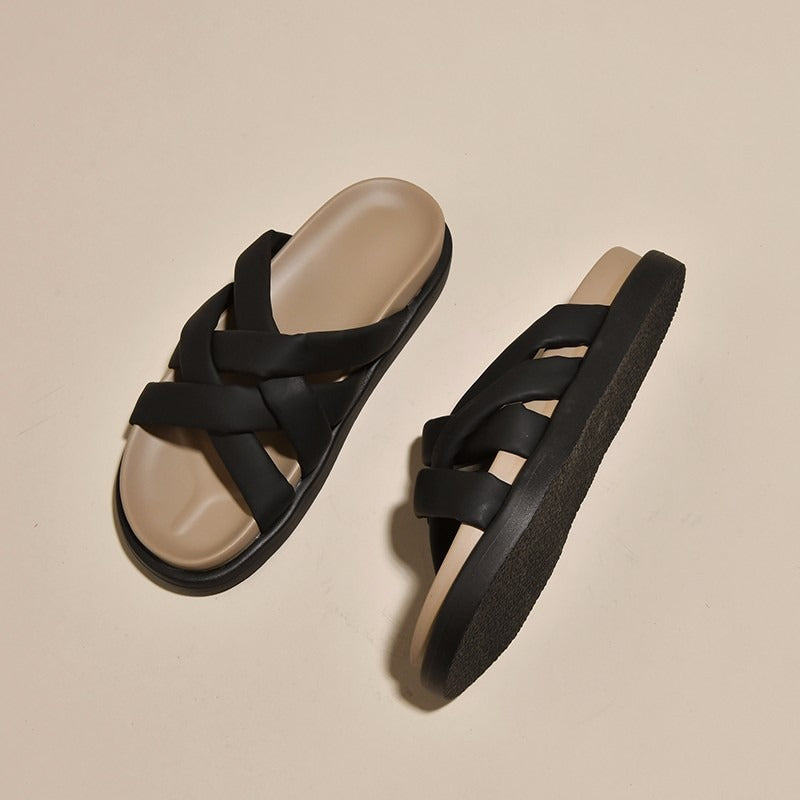 Roman Slippers for Women with Summer Thick Soles and a White Sandal with Elevated Retro Casual Cross Straps Paired with a Skirt