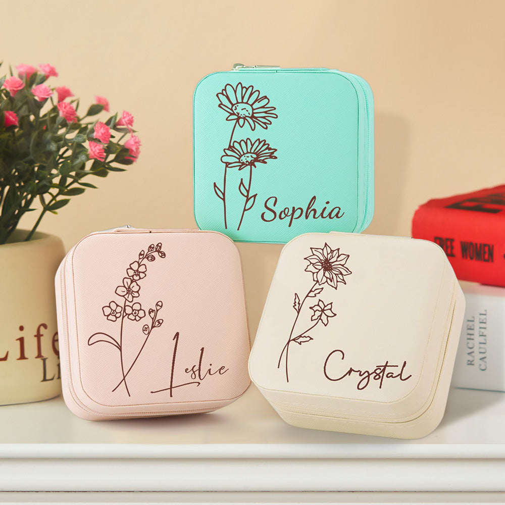 Personalisierte Geburtsblumen-Schmuckschatulle, personalisierter Schmuck-Organizer, Aufbewahrungsgeschenk fĂĽr Sie