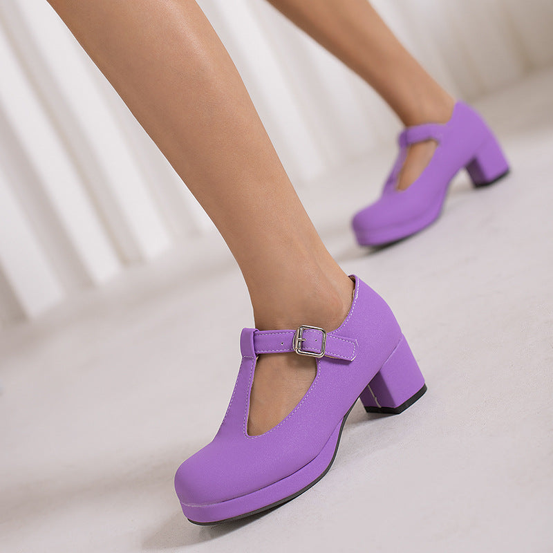 Waterproof platform thick heel T-shaped candy colored women's single shoes