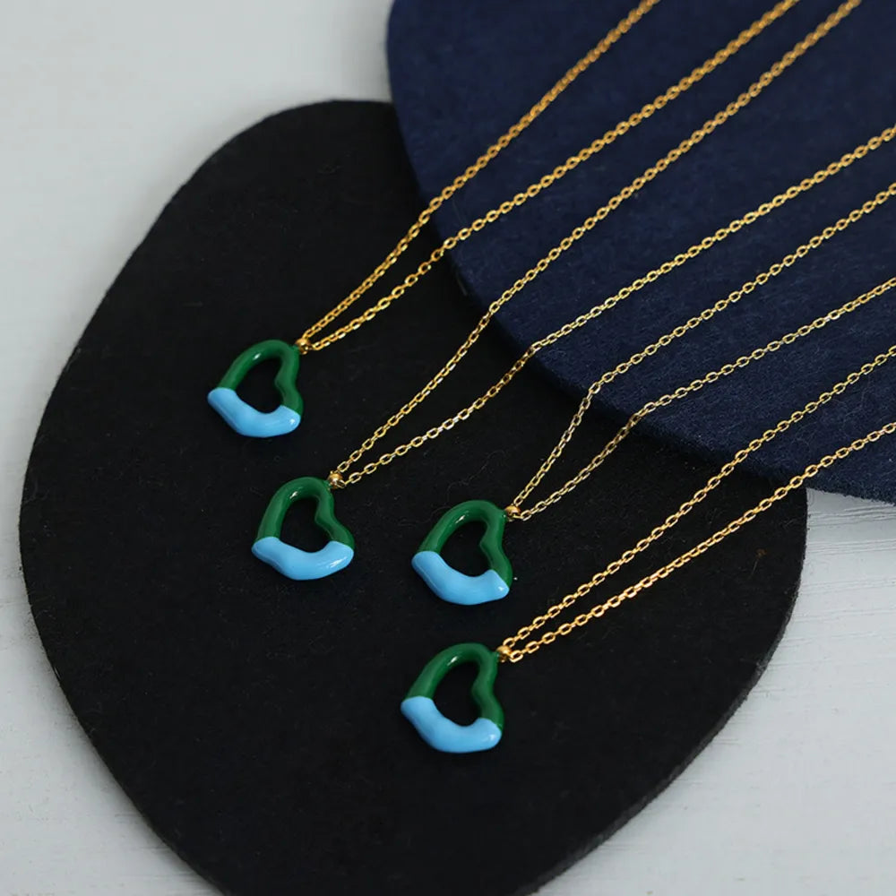 Two tone weight glazed design heart pendant titanium steel gold-plated necklace