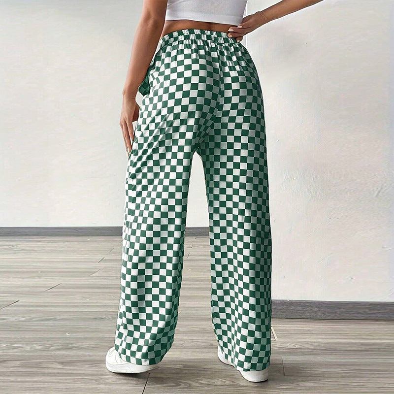 Spring and summer new checkerboard straight leg wide leg pants for women
