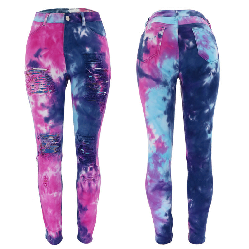 Autumn European and American style street trendsetters tie dye denim high waisted women's jeans