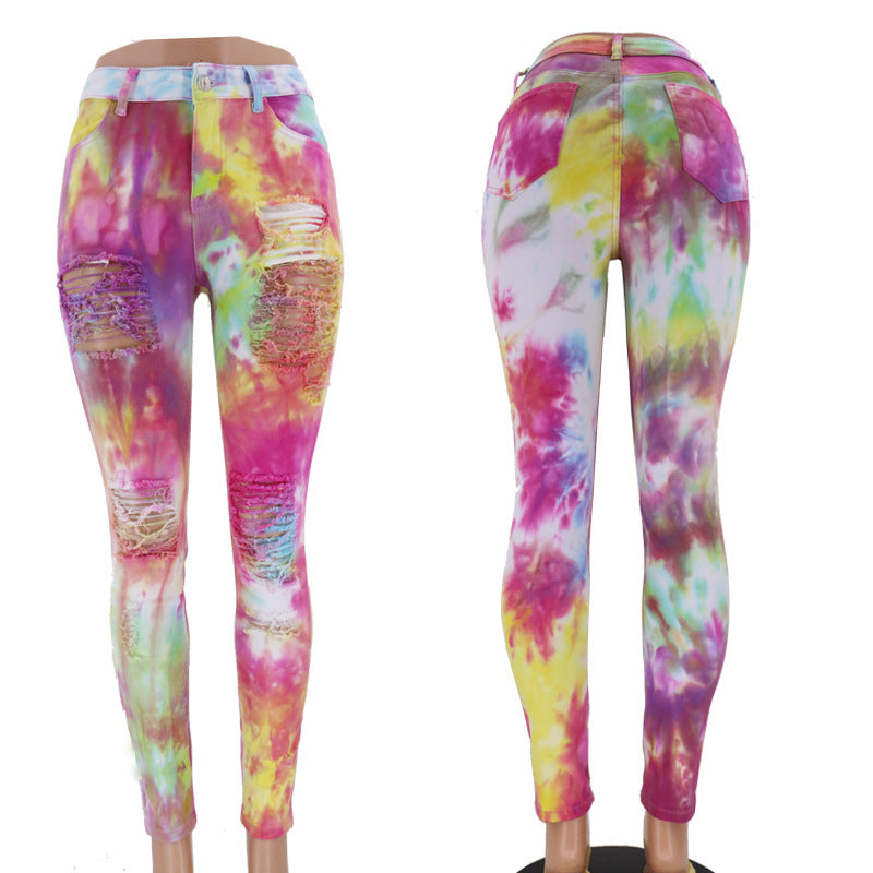 Autumn European and American style street trendsetters tie dye denim high waisted women's jeans