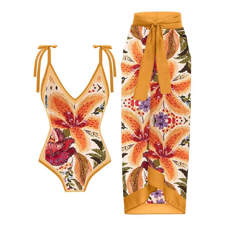 Lace up printed one-piece swimsuit set for women fashionable and sexy bikini