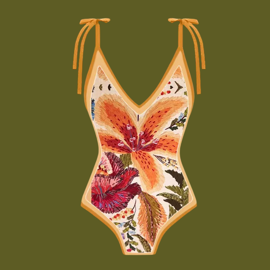 Lace up printed one-piece swimsuit set for women fashionable and sexy bikini