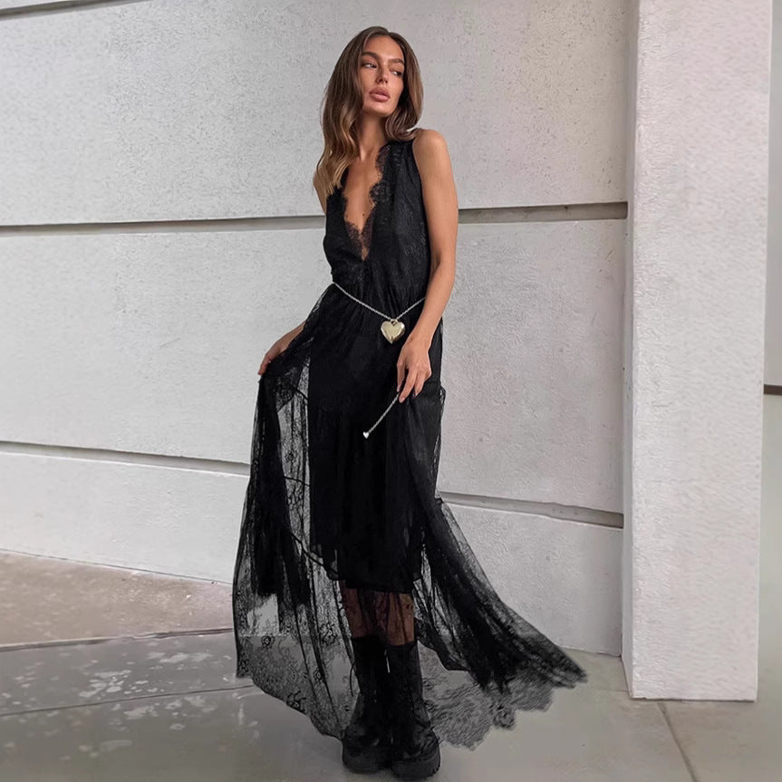 Black lace dress women's backless waist cinched V-neck A-line dress long skirt ﻿