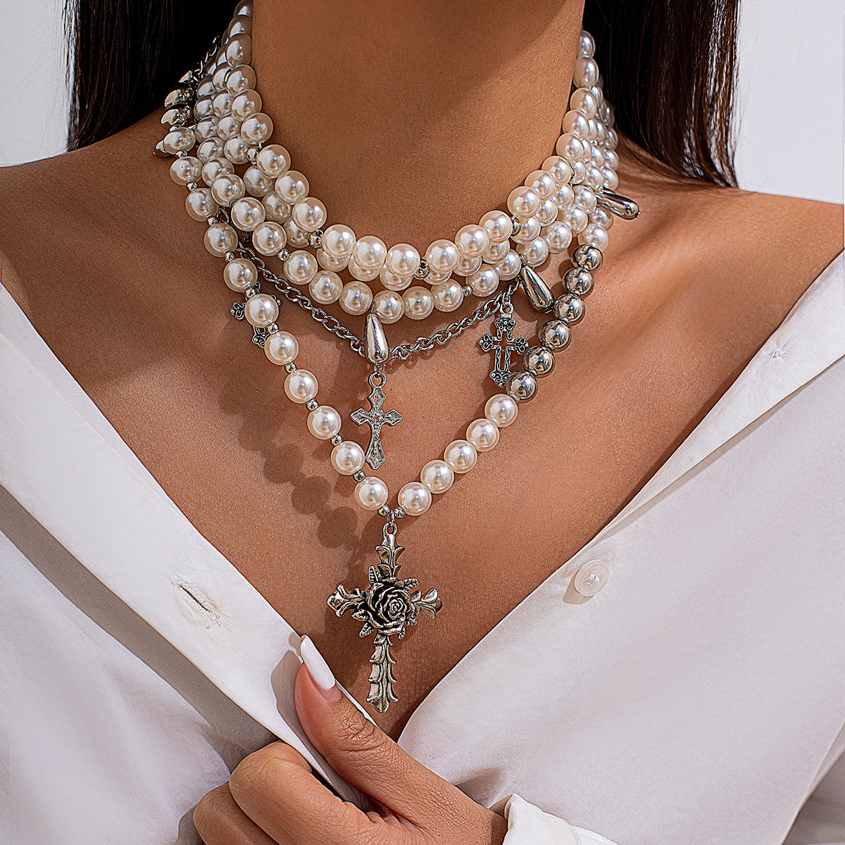 Vintage Baroque Chocker Clavicle Chain Irregular Pearl Multi Layer Round Bead Necklace