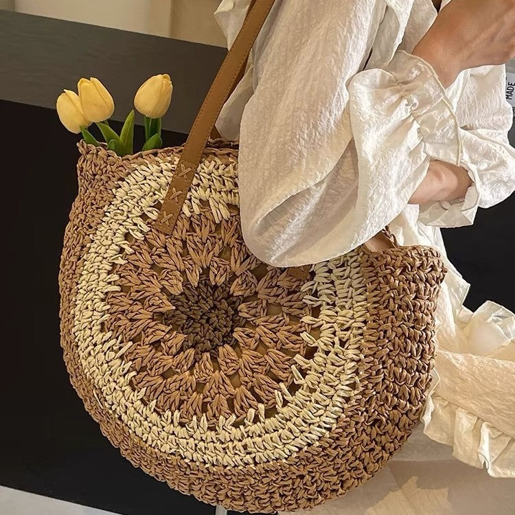 Papierseil aushöhlen bunte runde Platte Gras gewebte Tasche lässige Strandtasche eine Schulter modische gewebte Tasche 