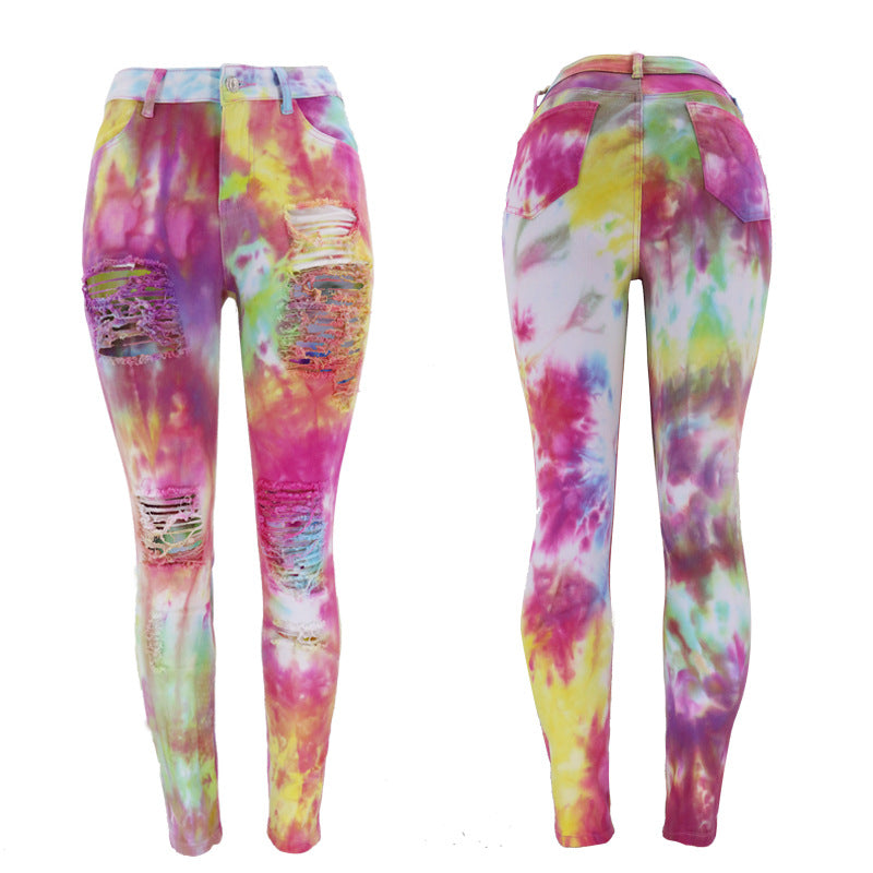 Autumn European and American style street trendsetters tie dye denim high waisted women's jeans