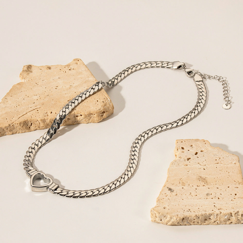 Stainless steel Cuban chain heart-shaped necklace with hollowed out flat snake chain heart pendant necklace for women