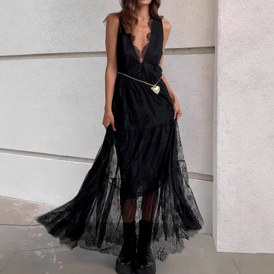 Black lace dress women's backless waist cinched V-neck A-line dress long skirt ﻿
