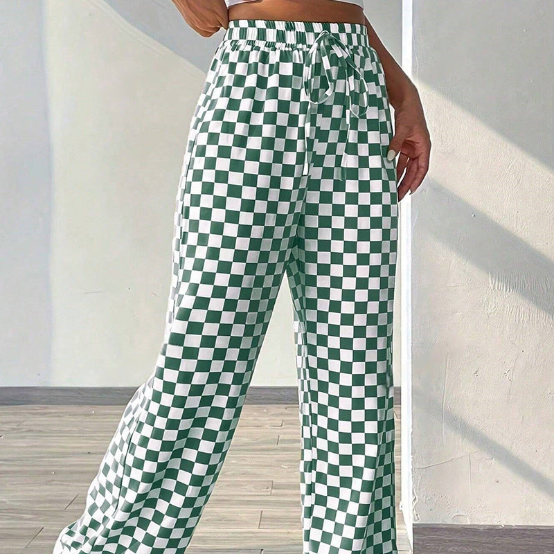 Spring and summer new checkerboard straight leg wide leg pants for women