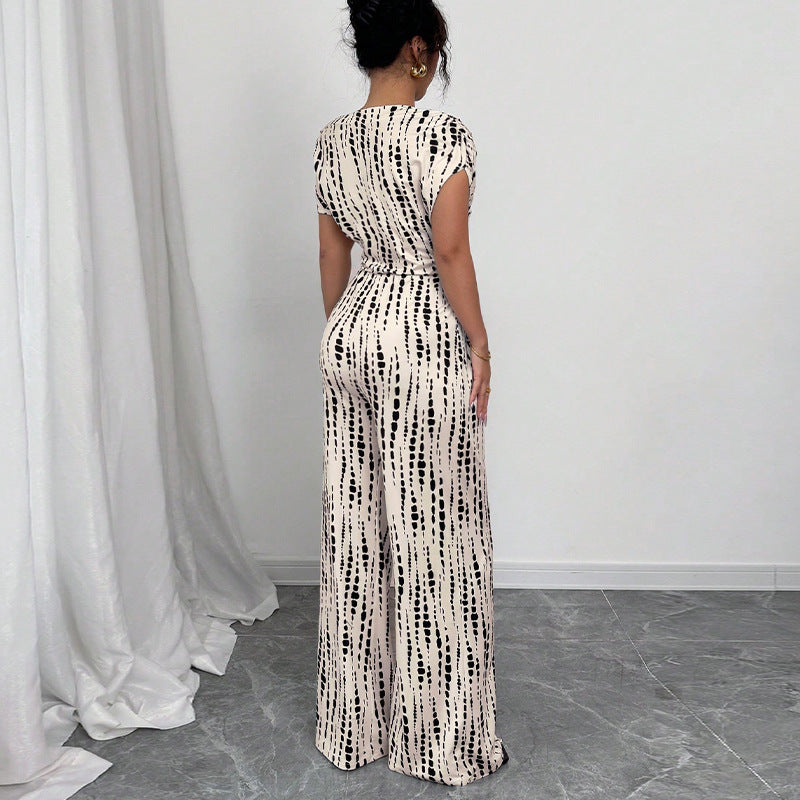 Vacation style sloping shoulder strap jumpsuit wide leg pants