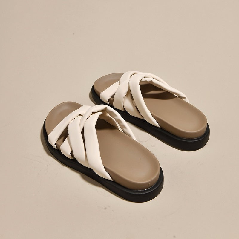 Roman Slippers for Women with Summer Thick Soles and a White Sandal with Elevated Retro Casual Cross Straps Paired with a Skirt
