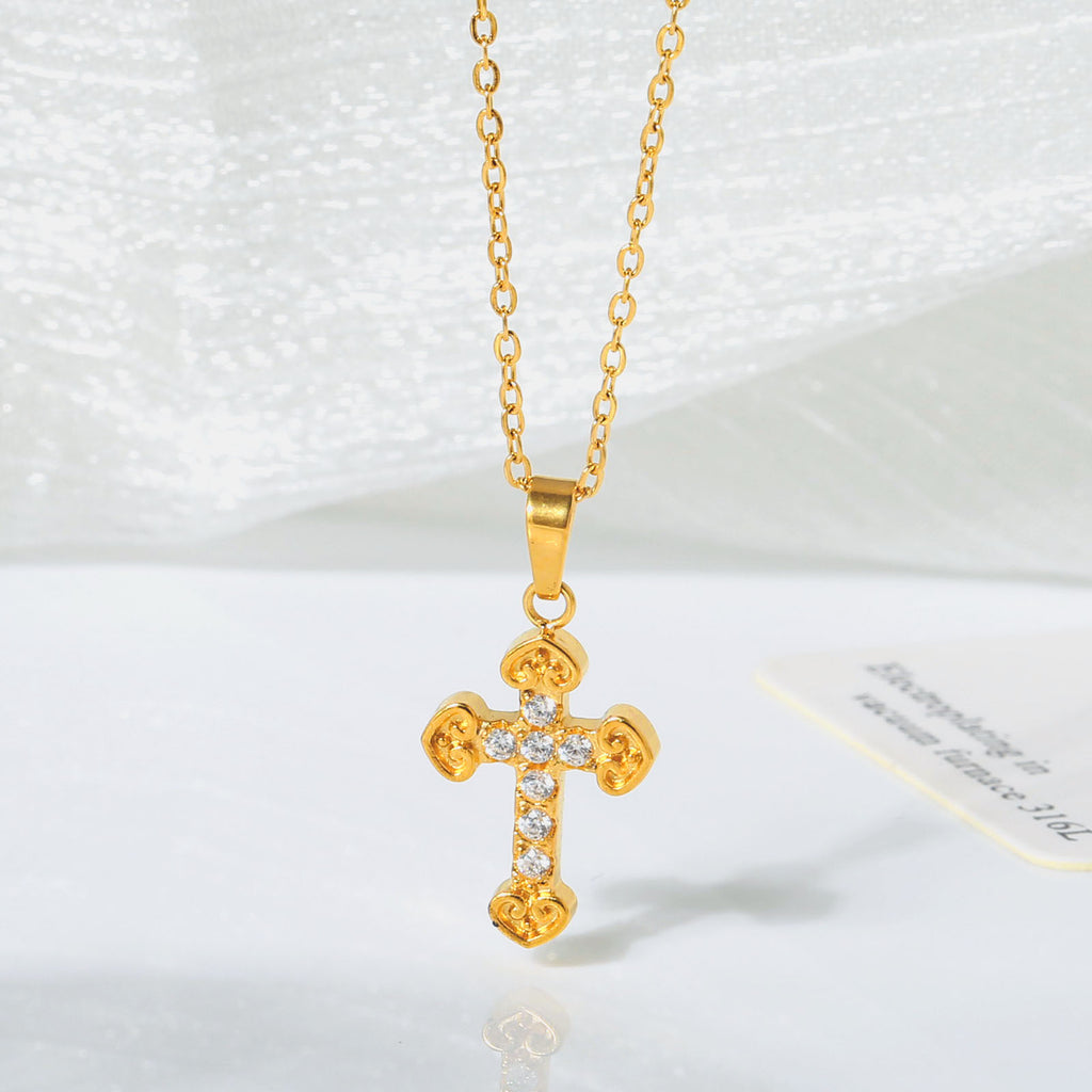 Cross necklace for women simple and colorfast zircon stainless steel collarbone chain titanium steel