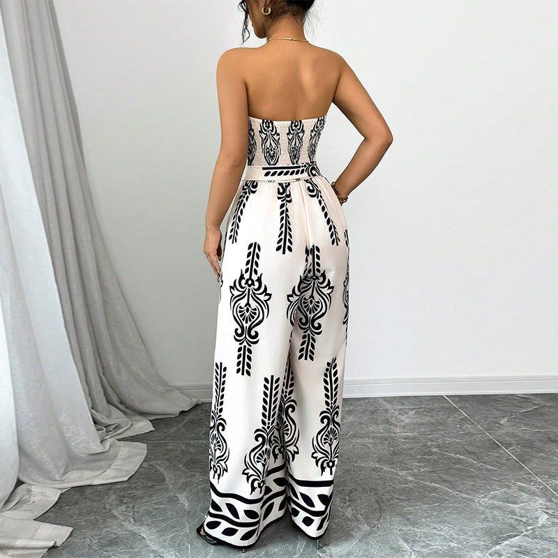Printed jumpsuit wide leg slim fit lace up jumpsuit