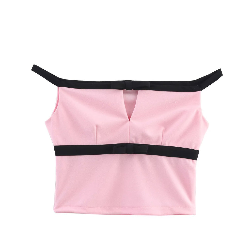 Bow decoration suspender top+shorts set for women