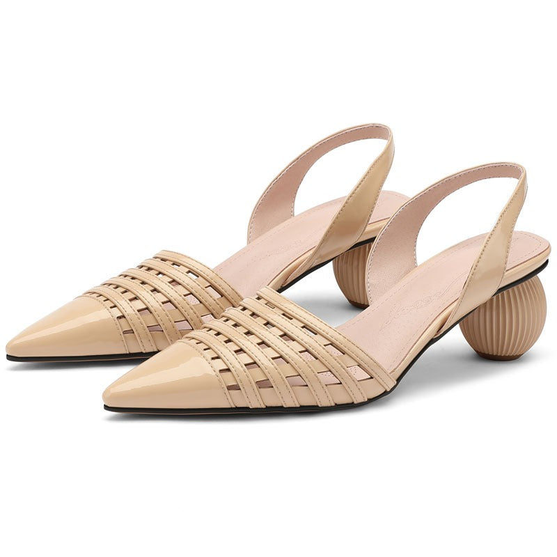 Pointed hollow cowhide sandals for women with a ball shaped heel and a button up sandal