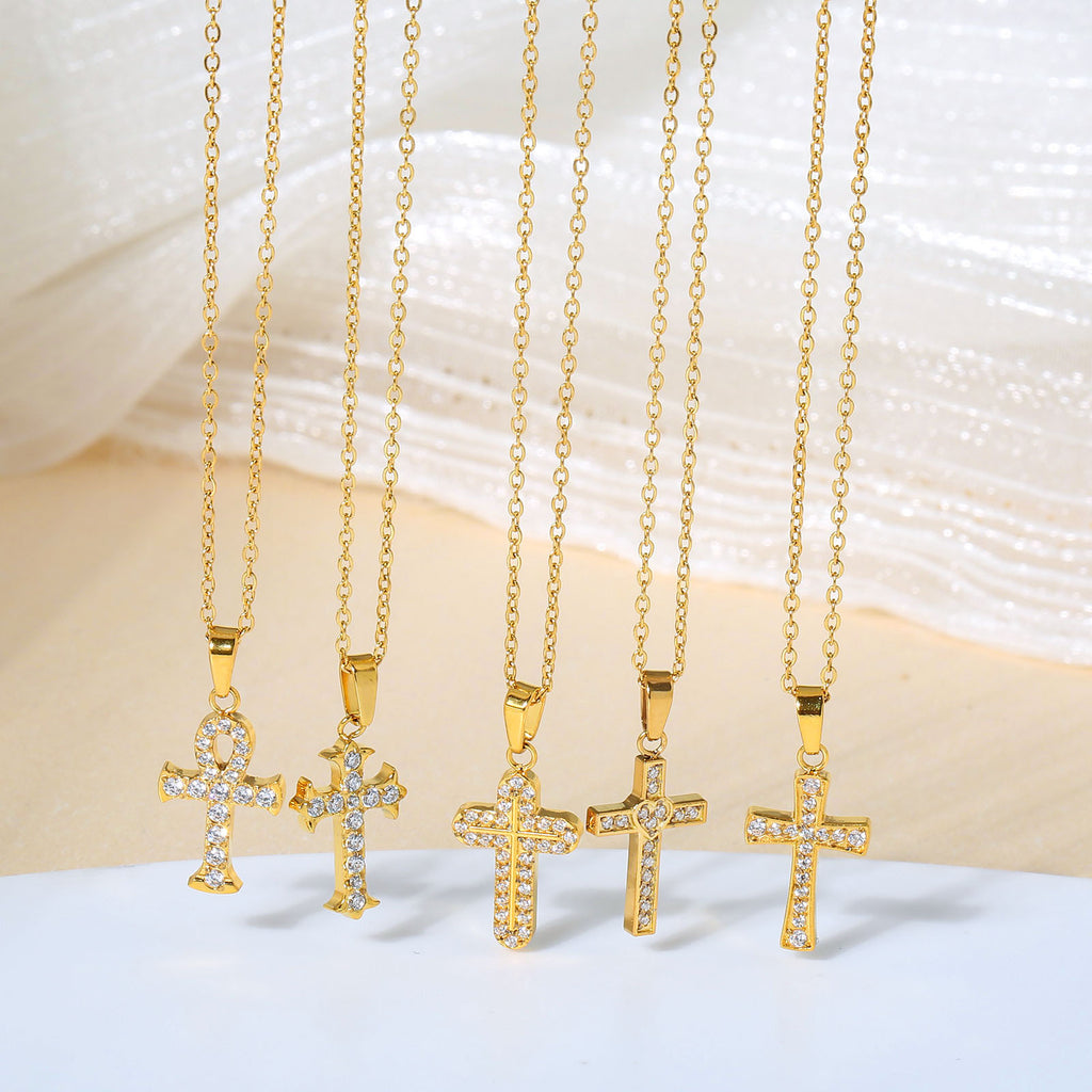 Cross necklace for women simple and colorfast zircon stainless steel collarbone chain titanium steel