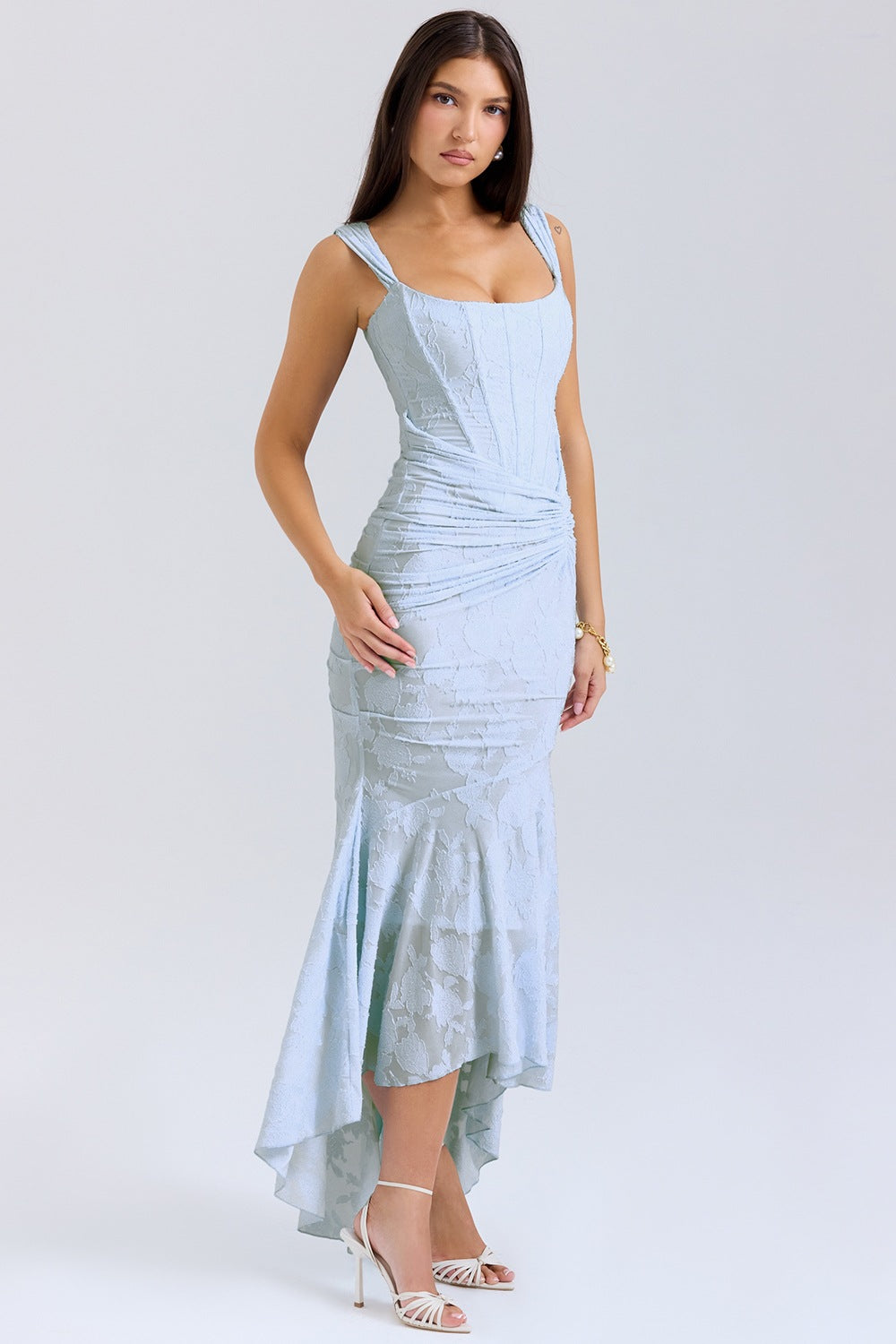 Square neck elastic mesh jacquard pleated sleeveless fishtail suspender long skirt