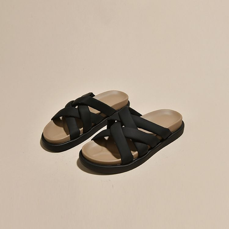 Roman Slippers for Women with Summer Thick Soles and a White Sandal with Elevated Retro Casual Cross Straps Paired with a Skirt