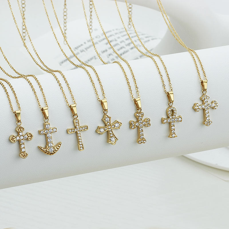 Cross necklace for women simple and colorfast zircon stainless steel collarbone chain titanium steel