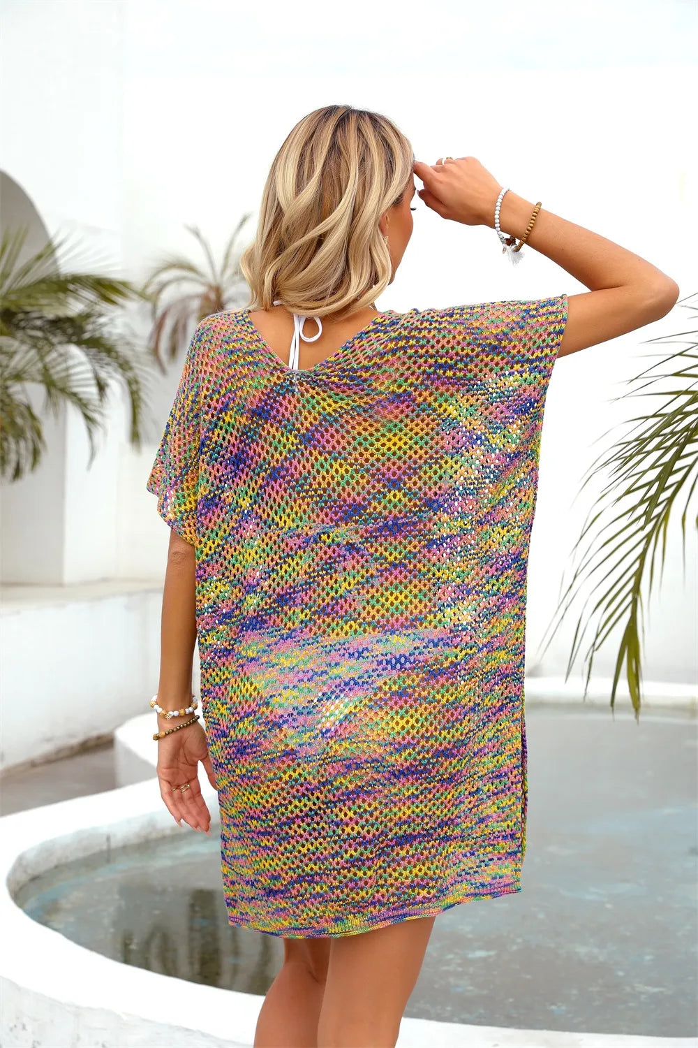 Summer Rainbow Splicing Hollow Loose Bikini Beach Shirt Knitted Shirt