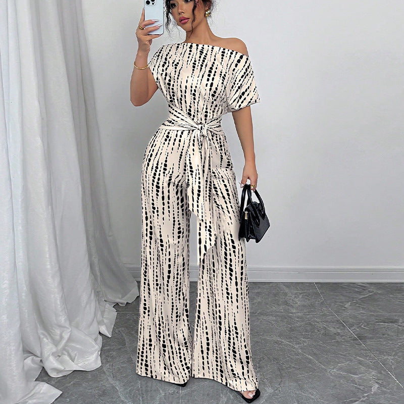 Vacation style sloping shoulder strap jumpsuit wide leg pants