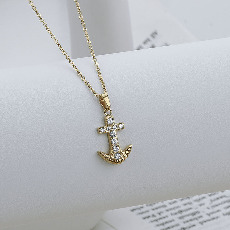 Cross necklace for women simple and colorfast zircon stainless steel collarbone chain titanium steel