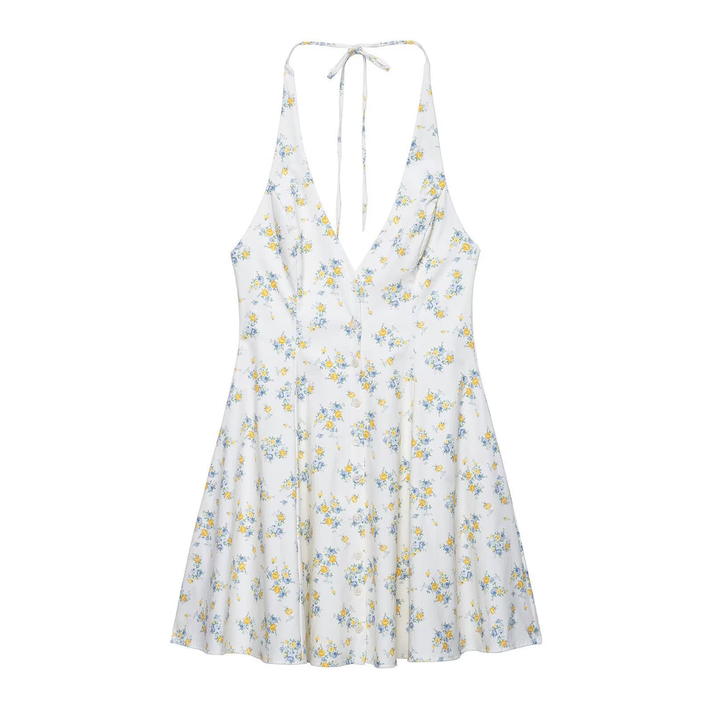 Backless hanging neck lace up printed dress for women