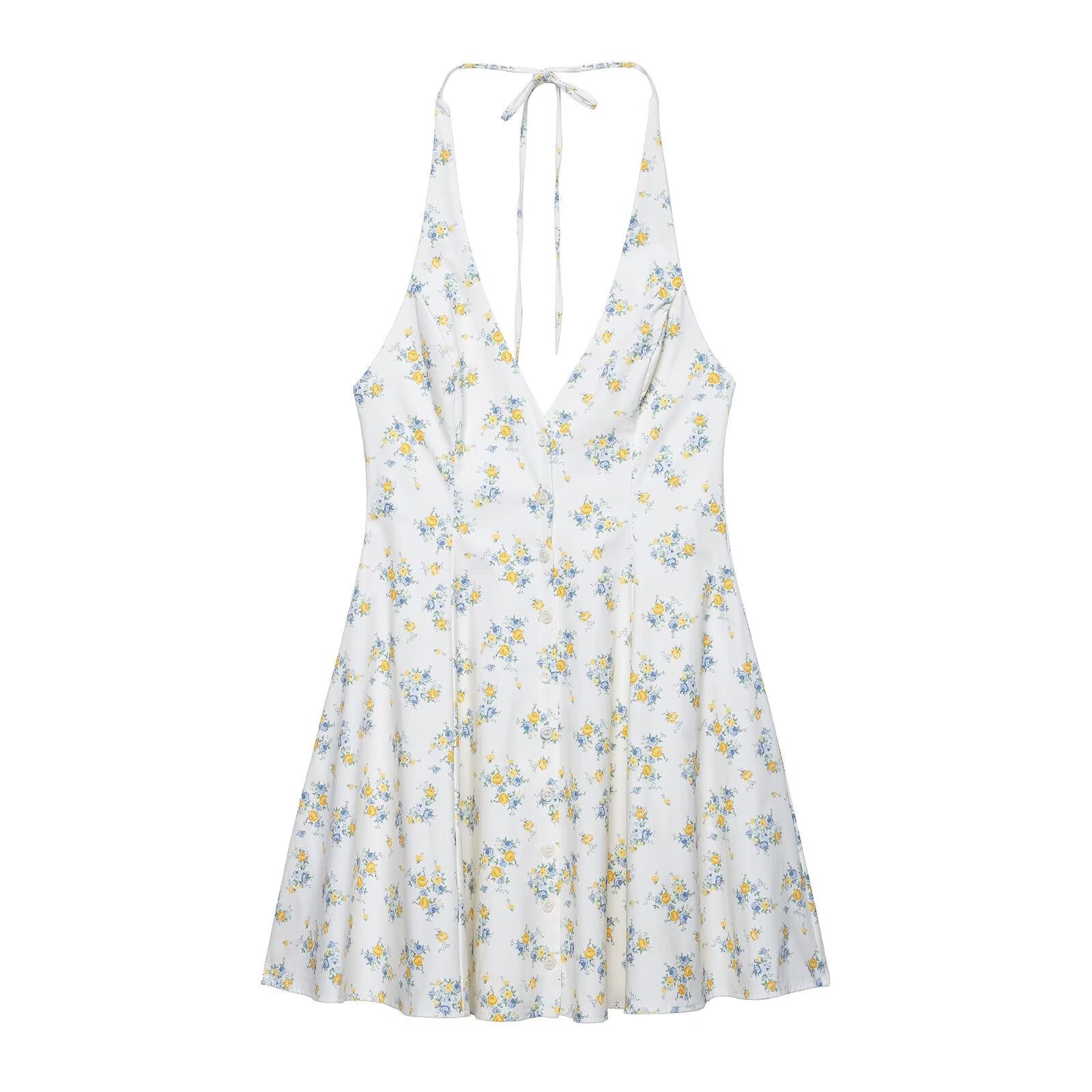 Backless hanging neck lace up printed dress for women