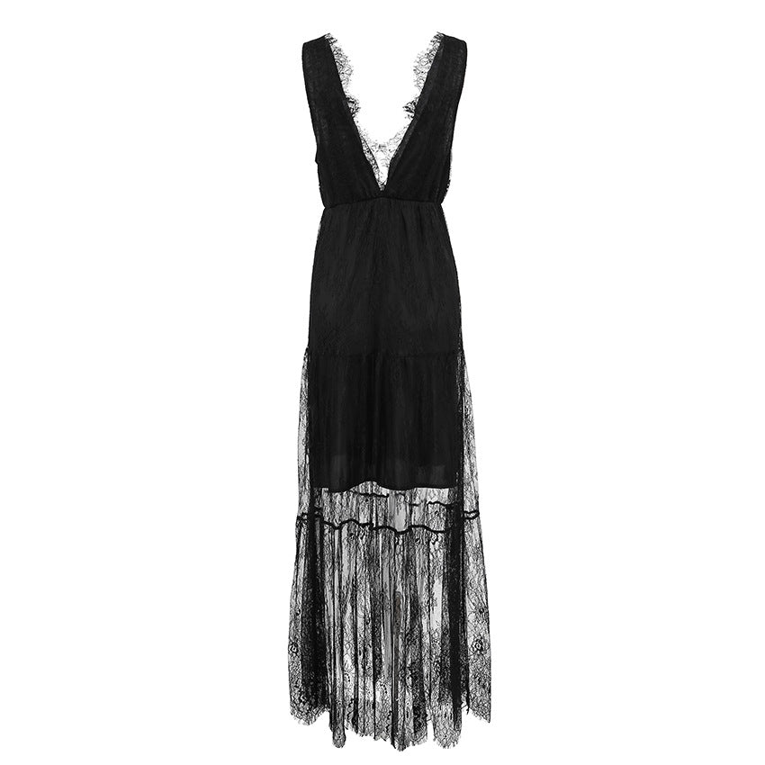 Black lace dress women's backless waist cinched V-neck A-line dress long skirt ﻿