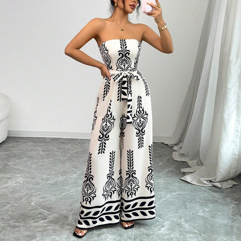 Printed jumpsuit wide leg slim fit lace up jumpsuit