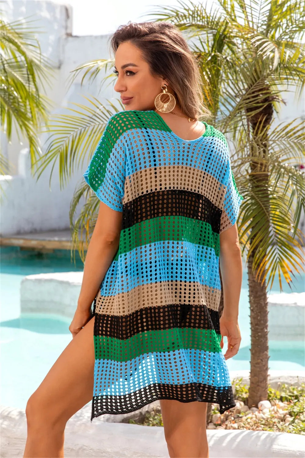 Women's beach shirt color blocked loose bikini cover vacation sun protection clothing
