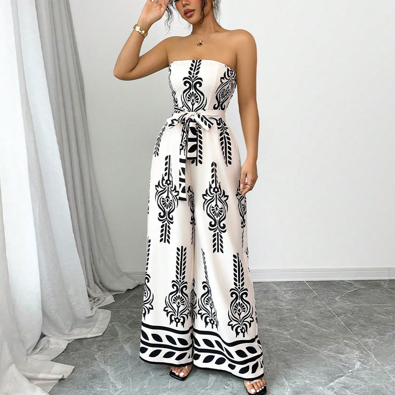Printed jumpsuit wide leg slim fit lace up jumpsuit