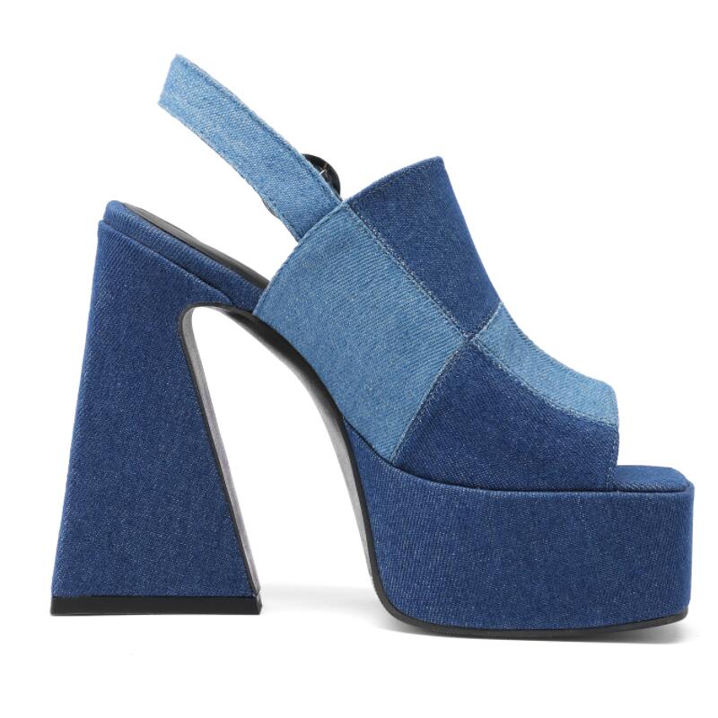 Big Size 34-48 Summer Sexy Splice Denim Thick High Heel Platform Sandal Fish Mouth Women's Shoes New Fashion Blue Pumps