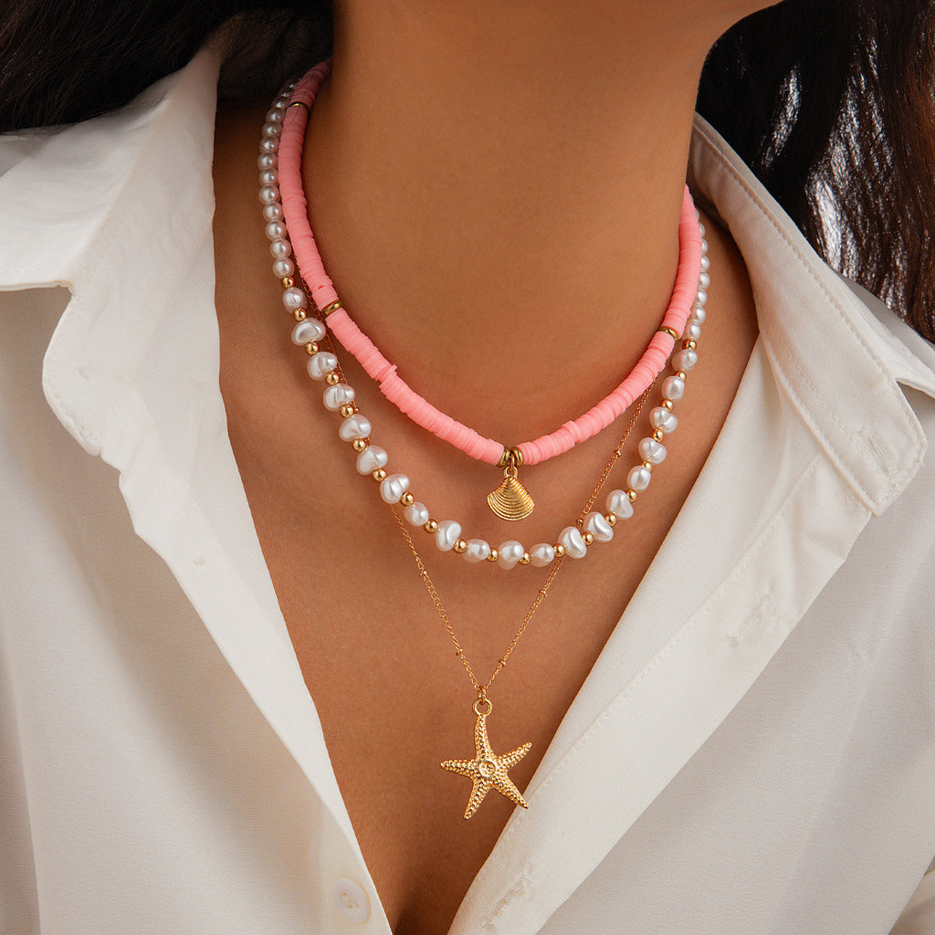 Beach style ocean shell bead necklace Baroque imitation pearl starfish collarbone chain