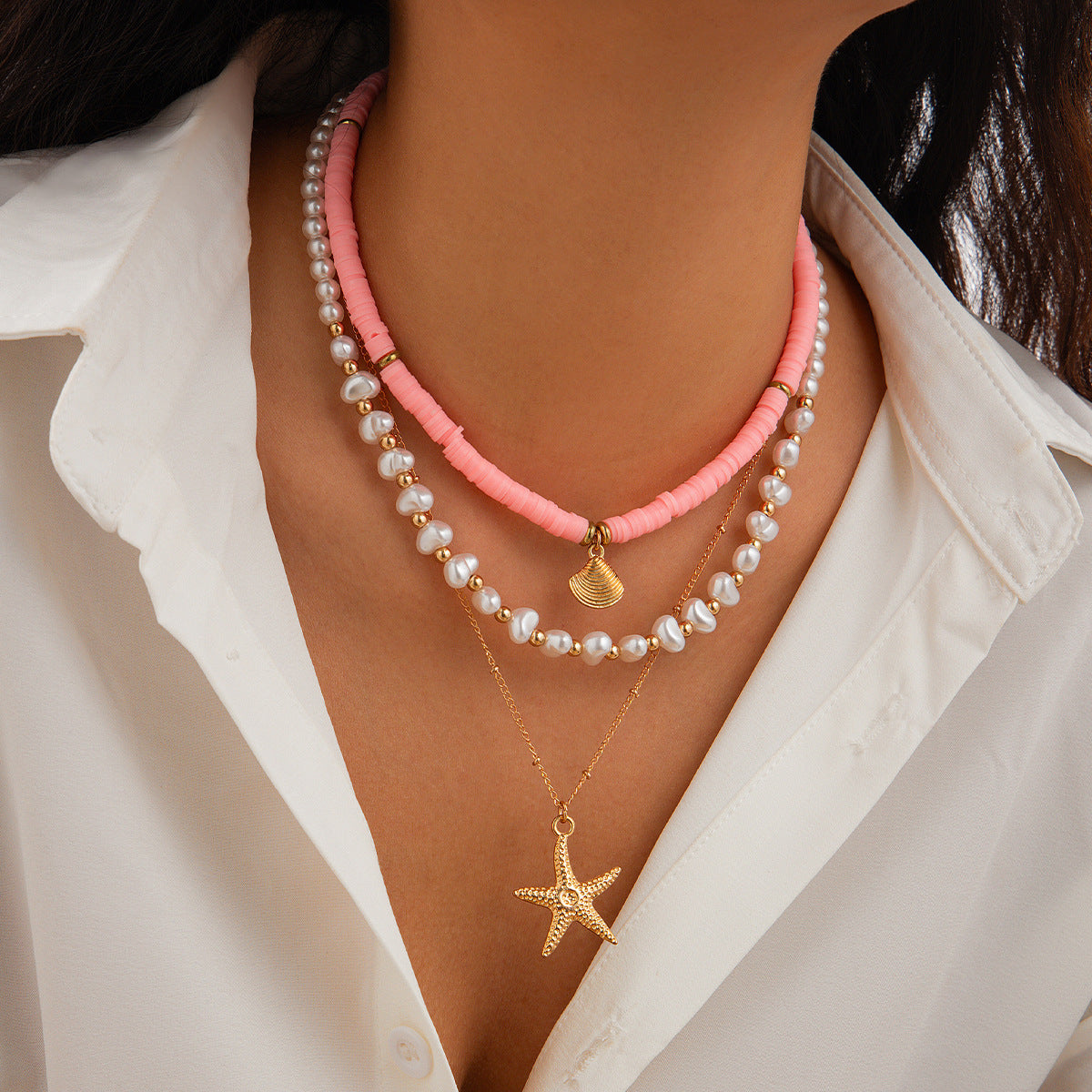 Beach style ocean shell bead necklace Baroque imitation pearl starfish collarbone chain