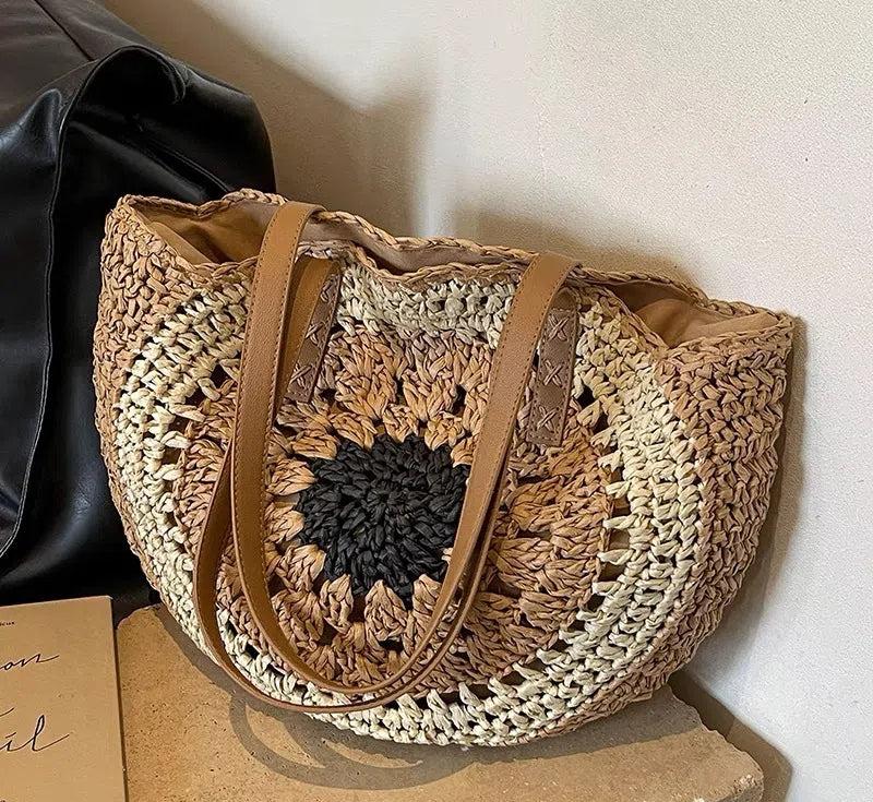 Papierseil aushöhlen bunte runde Platte Gras gewebte Tasche lässige Strandtasche eine Schulter modische gewebte Tasche 