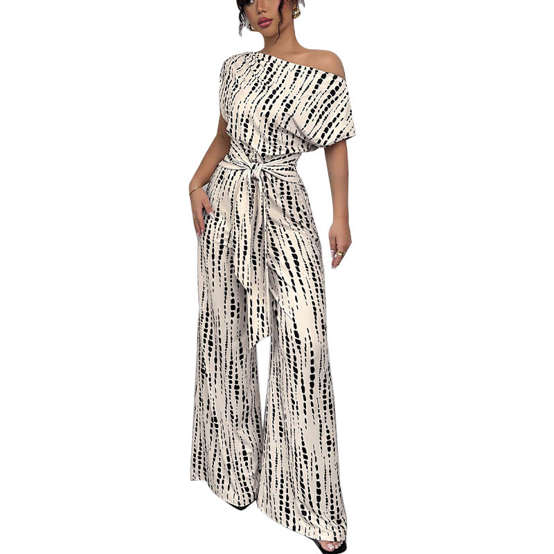 Vacation style sloping shoulder strap jumpsuit wide leg pants
