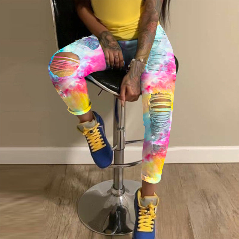 Autumn European and American style street trendsetters tie dye denim high waisted women's jeans