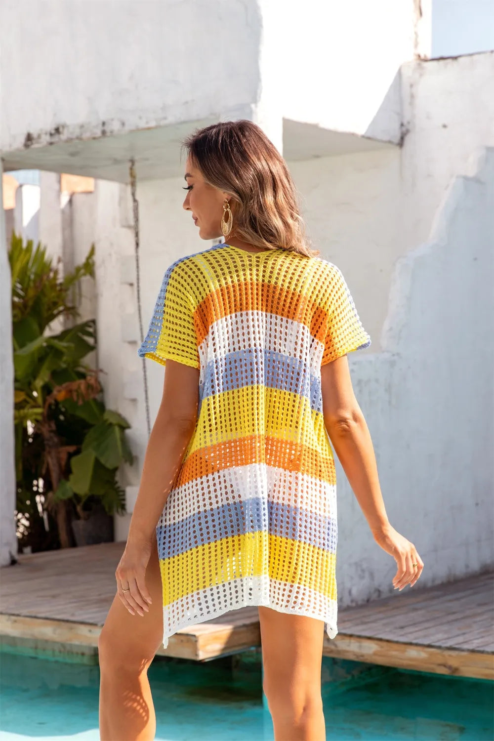 Women's beach shirt color blocked loose bikini cover vacation sun protection clothing