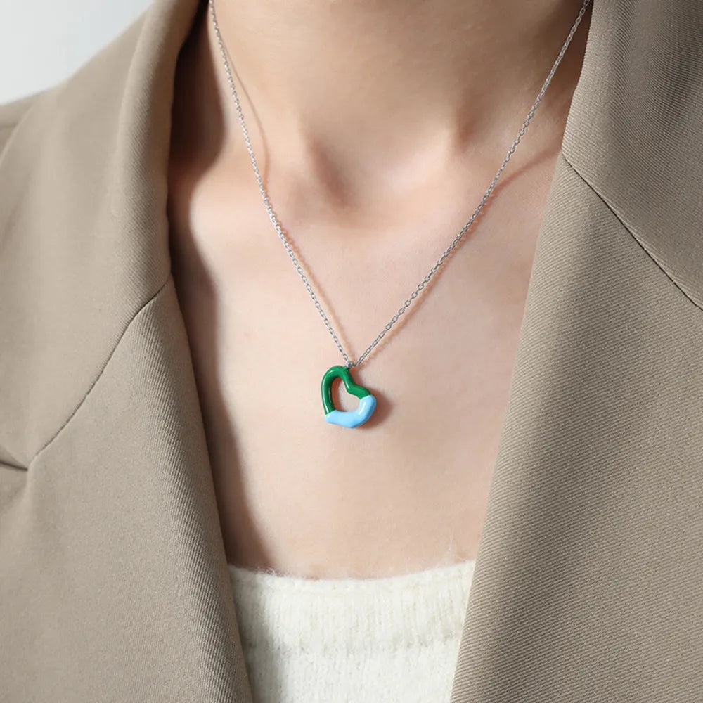 Two tone weight glazed design heart pendant titanium steel gold-plated necklace