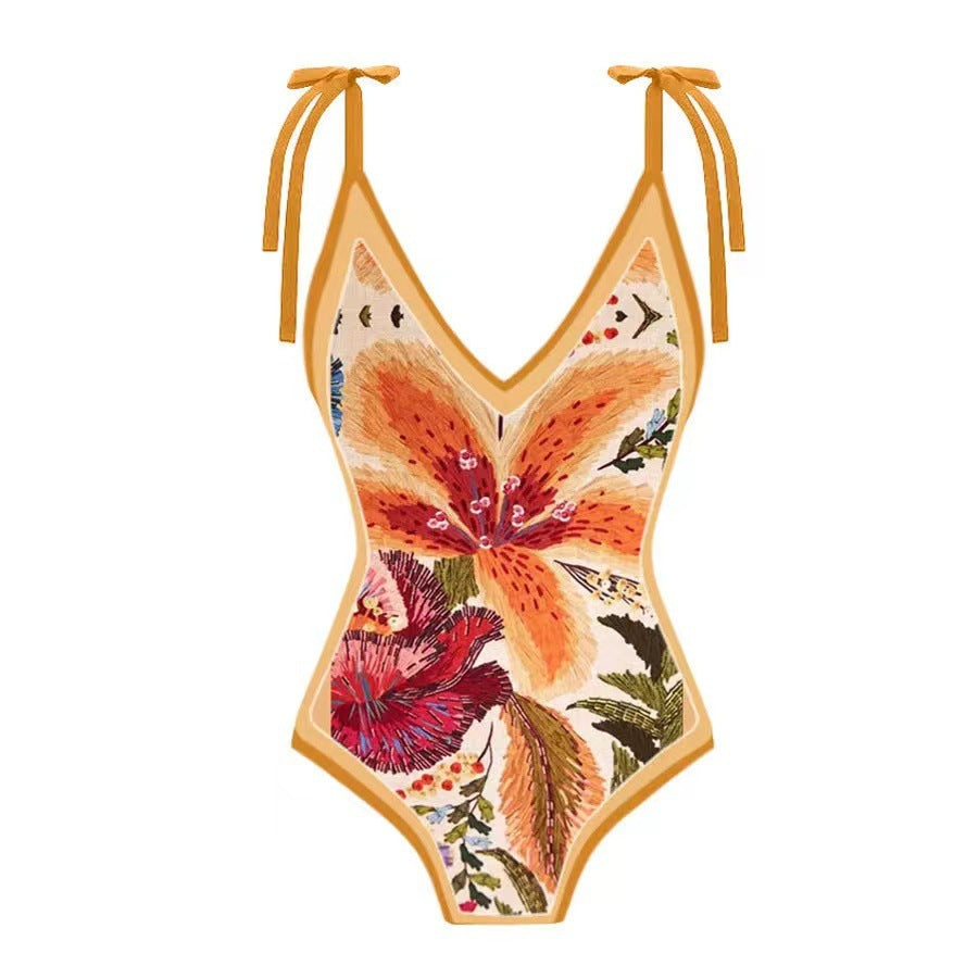 Lace up printed one-piece swimsuit set for women fashionable and sexy bikini