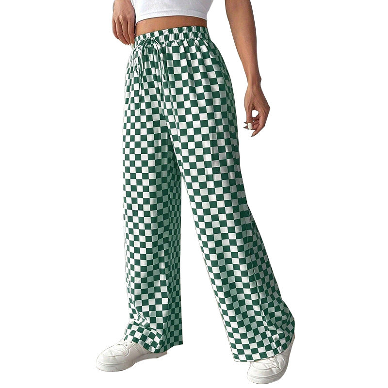 Spring and summer new checkerboard straight leg wide leg pants for women