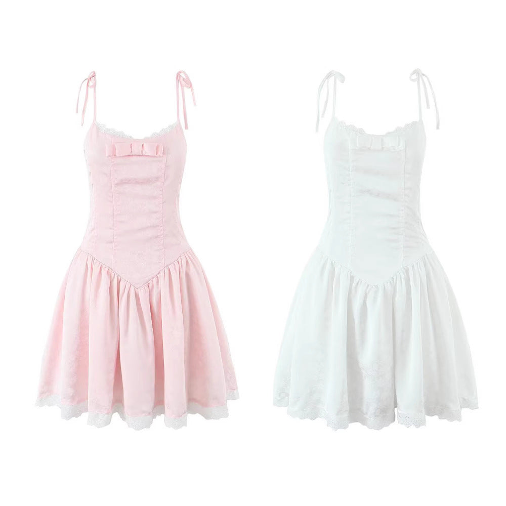 Bow embellished patchwork lace camisole dress for women