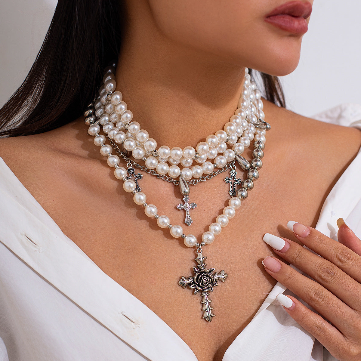 Vintage Baroque Chocker Clavicle Chain Irregular Pearl Multi Layer Round Bead Necklace