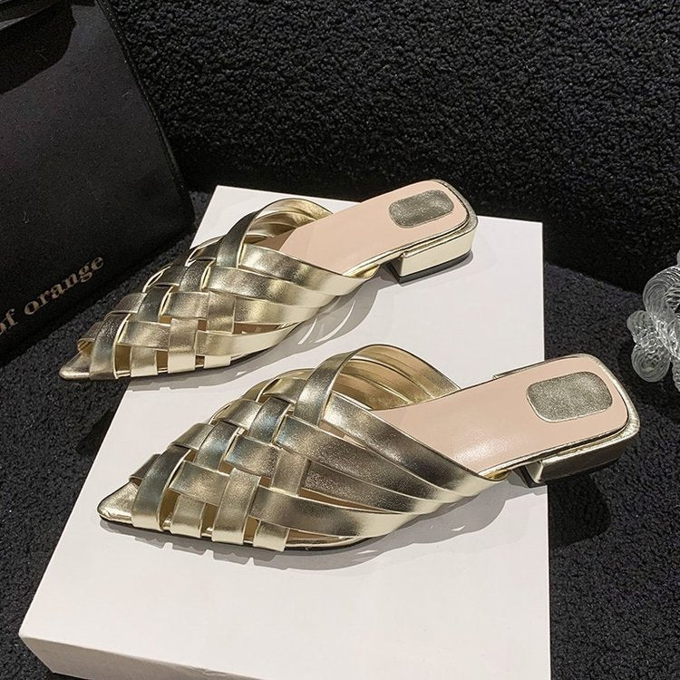 Spring Slip On Women Mules Slipper Fashion Pointed Toe Ladies Elegant Beach Sandal Casual Low Heel Slides