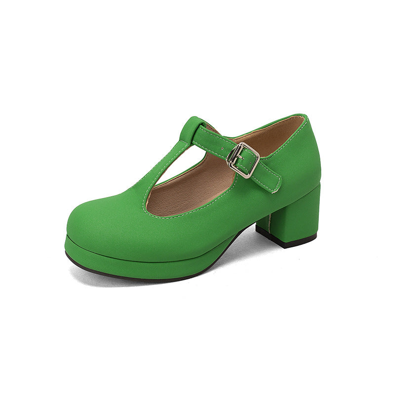 Waterproof platform thick heel T-shaped candy colored women's single shoes